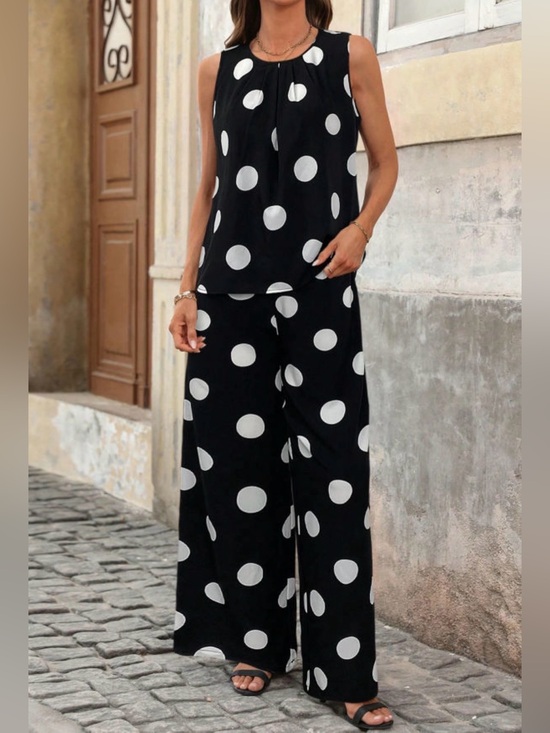 Pants - Polka Dot Wide-Leg Set - Black & White Set